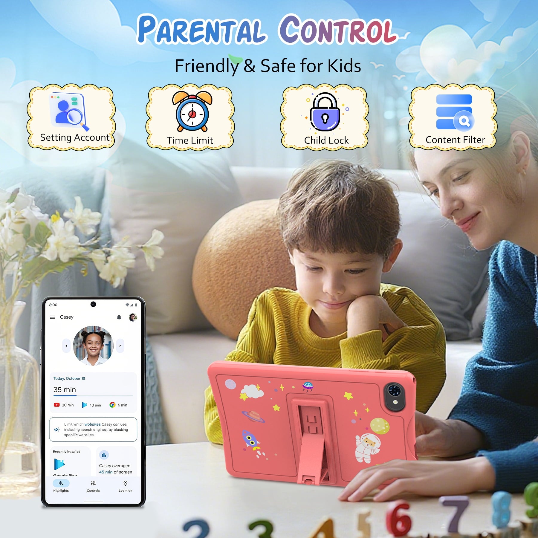Kids Tablet, Android 15 Tablet for Kids 10.1 inch Ouad-Core with Case, 64GB 1TB TF Card Expandable for Toddler Children, Parental Control, Dual Camera, WiFi,Gift, PINK