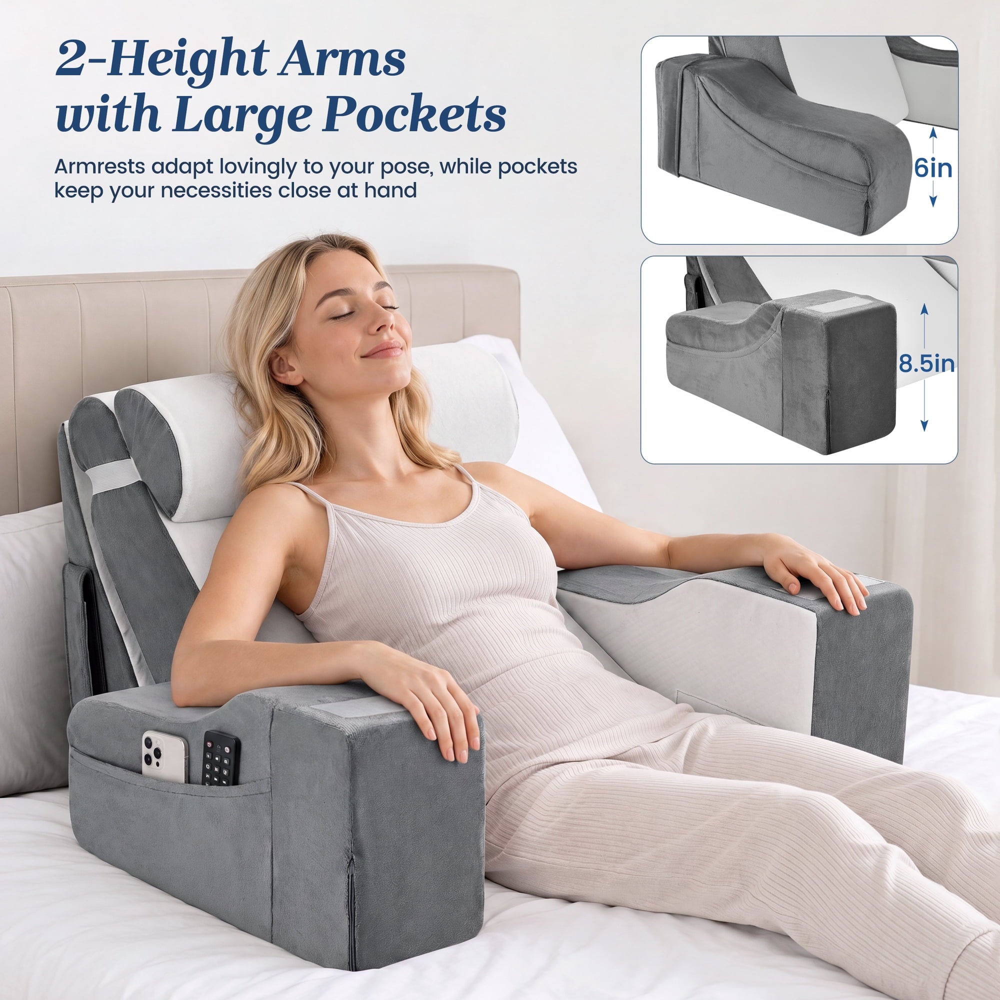 AMTPM Reading Pillow for Bed with Detachable Armrests, 2-in-1 Wedge Reading Pillow, 20°-55° Adjustable Headrest & Independent Lumbar Support Bed Reading Pillow for TV, Books, Nursing