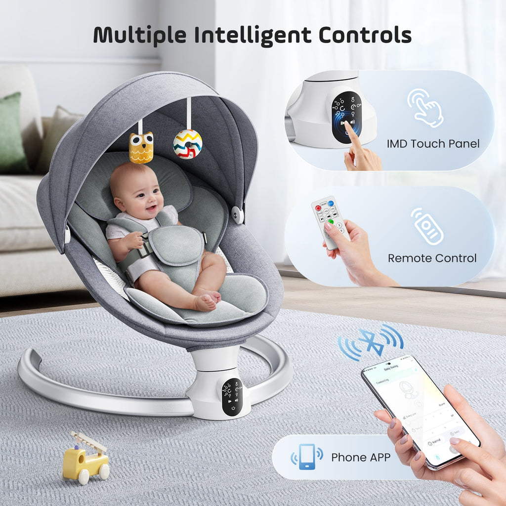 Doulami Electric Baby Swing for Newborn to Toddler Portable Infant Swing Rocker with Remote & APP Control & IMD Touch Panel, 5 Sway Speeds, 10 Lullabies, Gray
