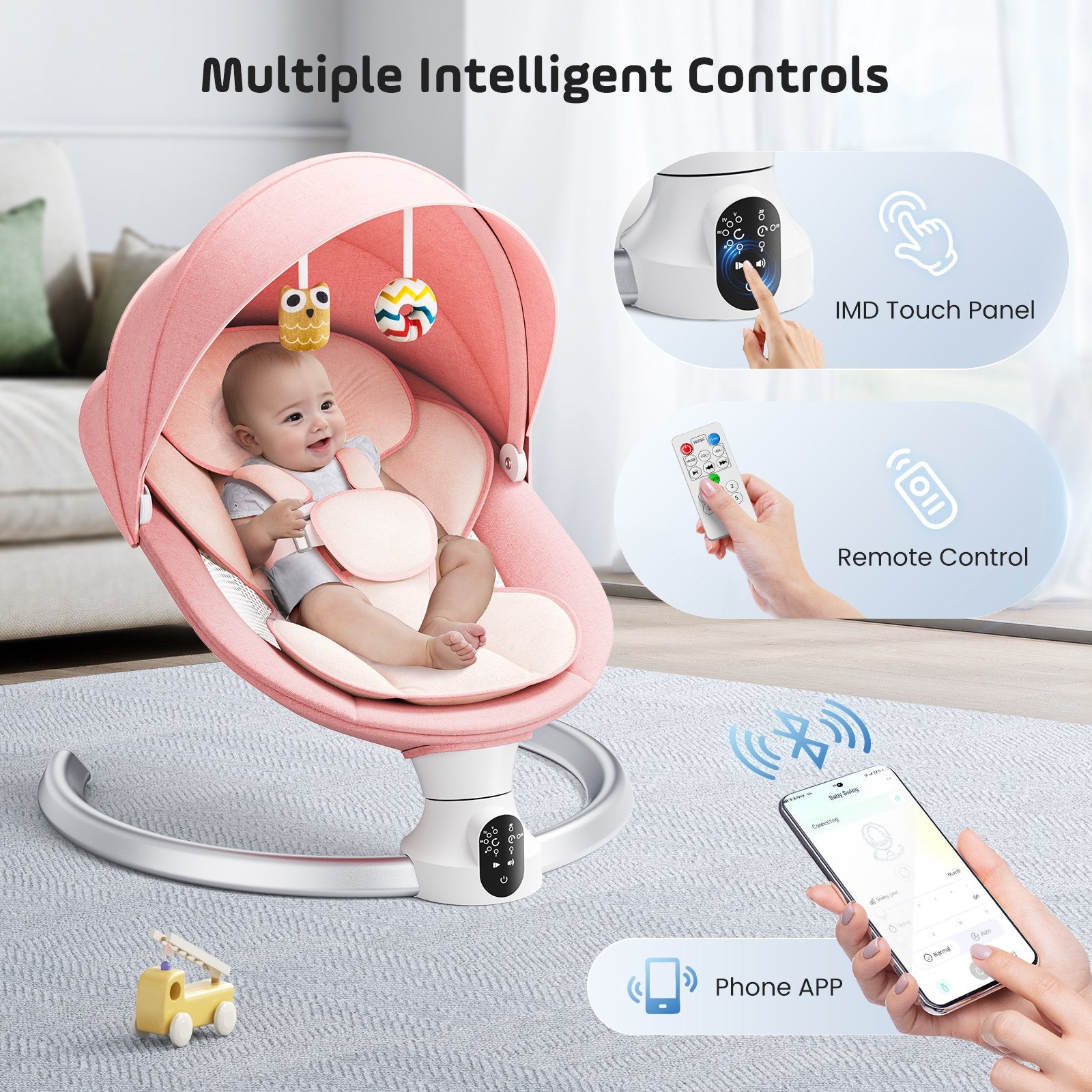 Doulami Electric Baby Swing for Newborn to Toddler Portable Infant Swing Rocker with Remote & APP Control & IMD Touch Panel, 5 Sway Speeds, 10 Lullabies, Pink
