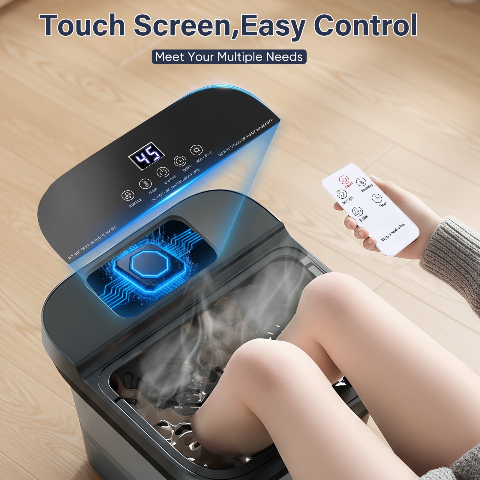 Doulami Collapsible Foot Spa Massager with Heat & Massage Rollers,Temp Control,Bubble,Touch Screen,Remote Control