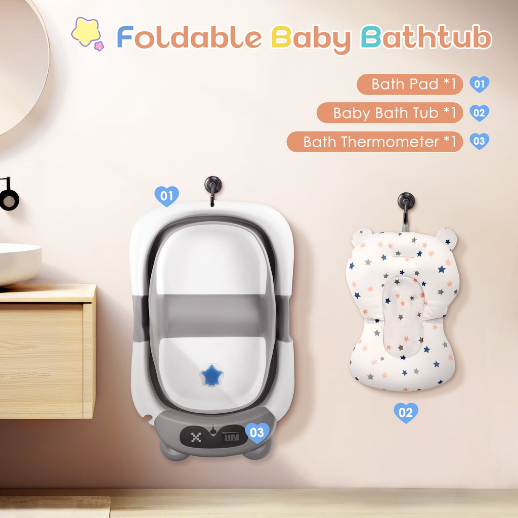 Doulami Collapsible Baby Bathtub for Infants Baby Tubs for Newborns with Cushion and Thermometer, 0-36 Month(Gray)