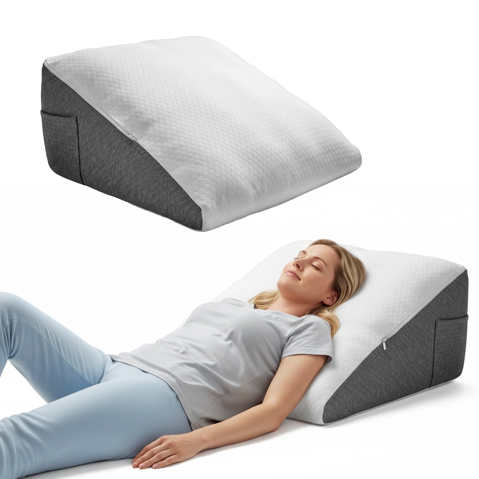 AMTPM Bed Wedge Pillow, Double Layer Memory Foam Wedge Pillow with Detachable Roll Pillow, Washable Cover & Side Pocket for Reading Relaxing