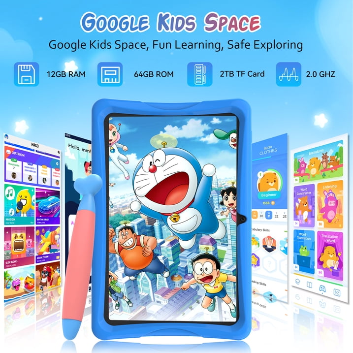 Kids Tablet, Android 15 Tablet for Kids 10.1 inch Ouad-Core with Case, 64GB 1TB TF Card Expandable for Toddler Children, Parental Control, Dual Camera, WiFi,Gift, Blue