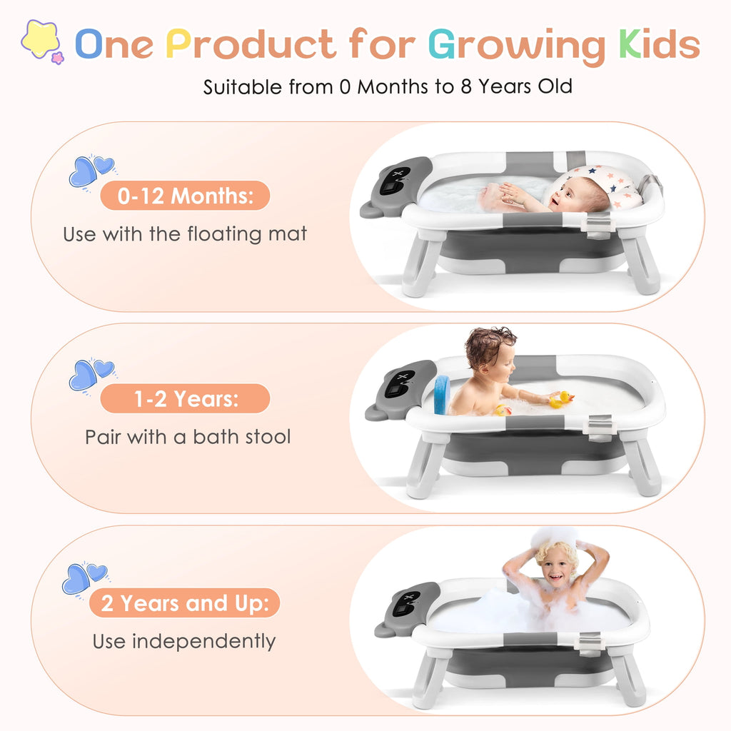 Doulami Collapsible Baby Bathtub for Infants Baby Tubs for Newborns with Cushion and Thermometer, 0-36 Month(Gray)