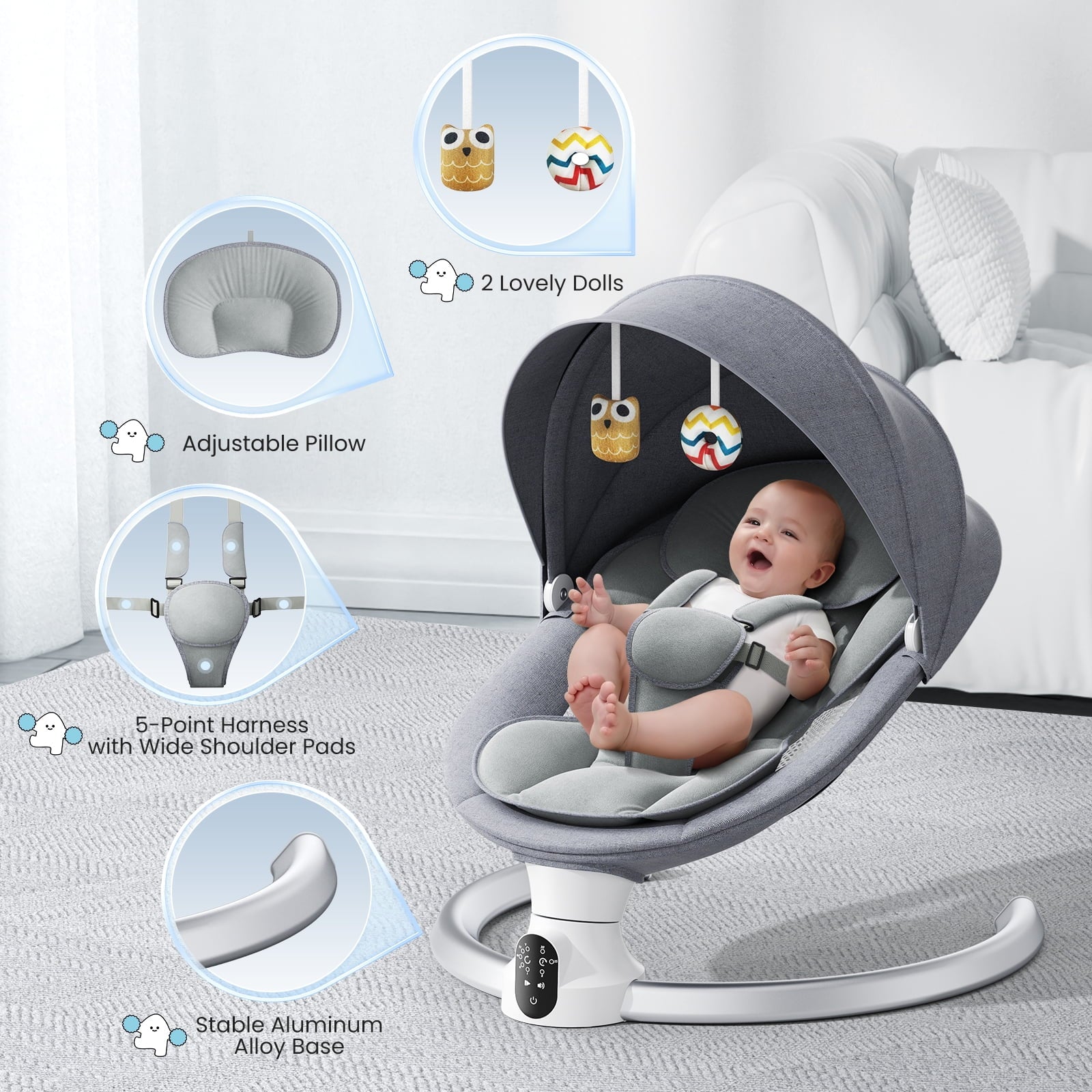 Doulami Electric Baby Swing for Newborn to Toddler Portable Infant Swing Rocker with Remote & APP Control & IMD Touch Panel, 5 Sway Speeds, 10 Lullabies, Gray