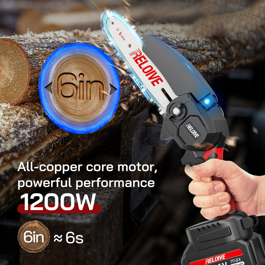 RELOIVE 6 in Mini Chainsaw with 2PCS 2.0 Ah Batteries 3 Chains,Cordless Small Handheld Chain Saw for Wood Cutting Tree Trimming