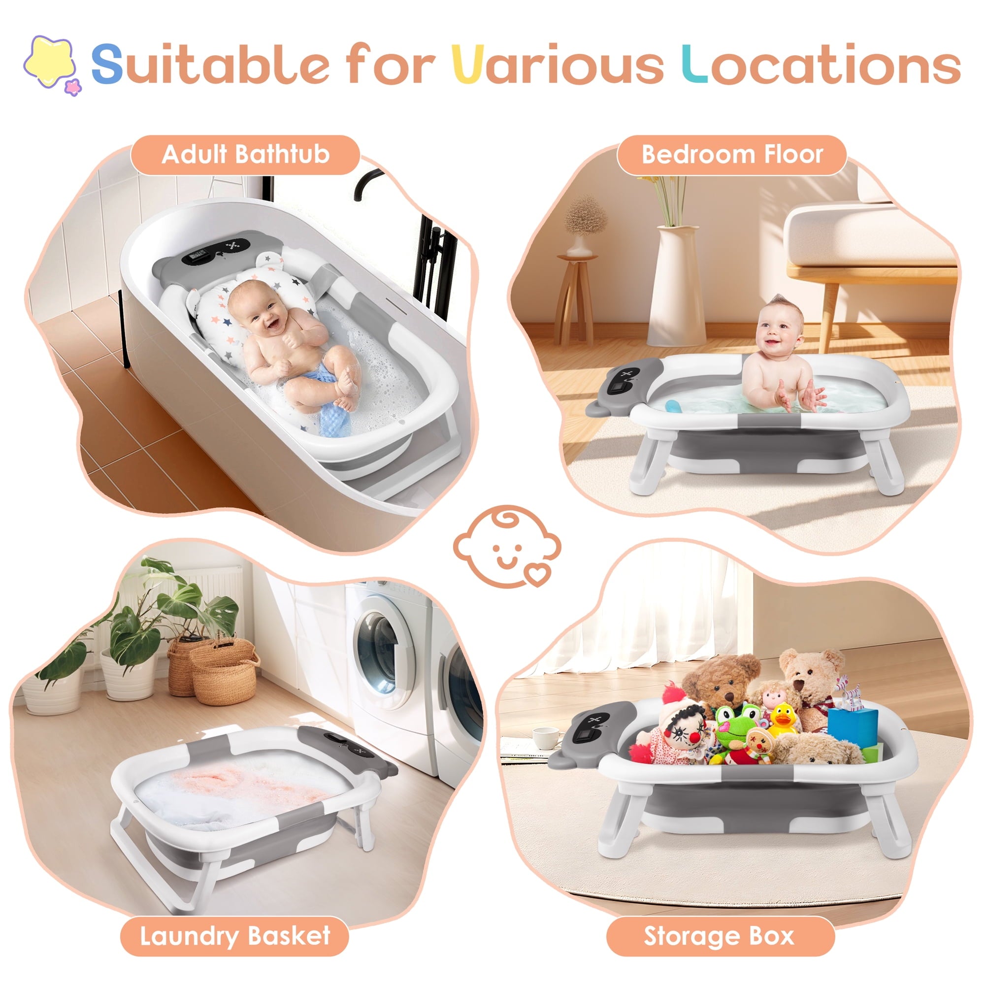 Doulami Collapsible Baby Bathtub for Infants Baby Tubs for Newborns with Cushion and Thermometer, 0-36 Month(Gray)