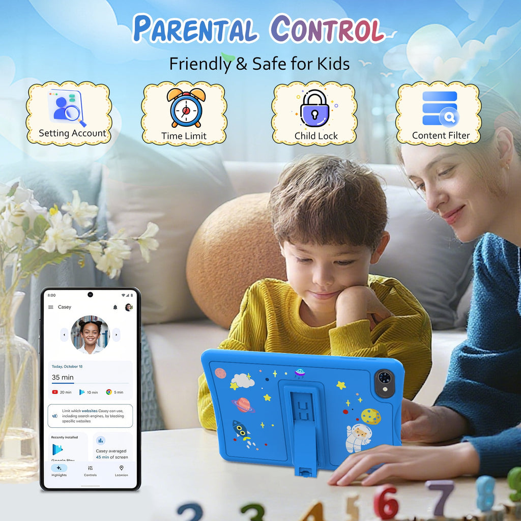 Kids Tablet, Android 15 Tablet for Kids 10.1 inch Ouad-Core with Case, 64GB 1TB TF Card Expandable for Toddler Children, Parental Control, Dual Camera, WiFi,Gift, Blue