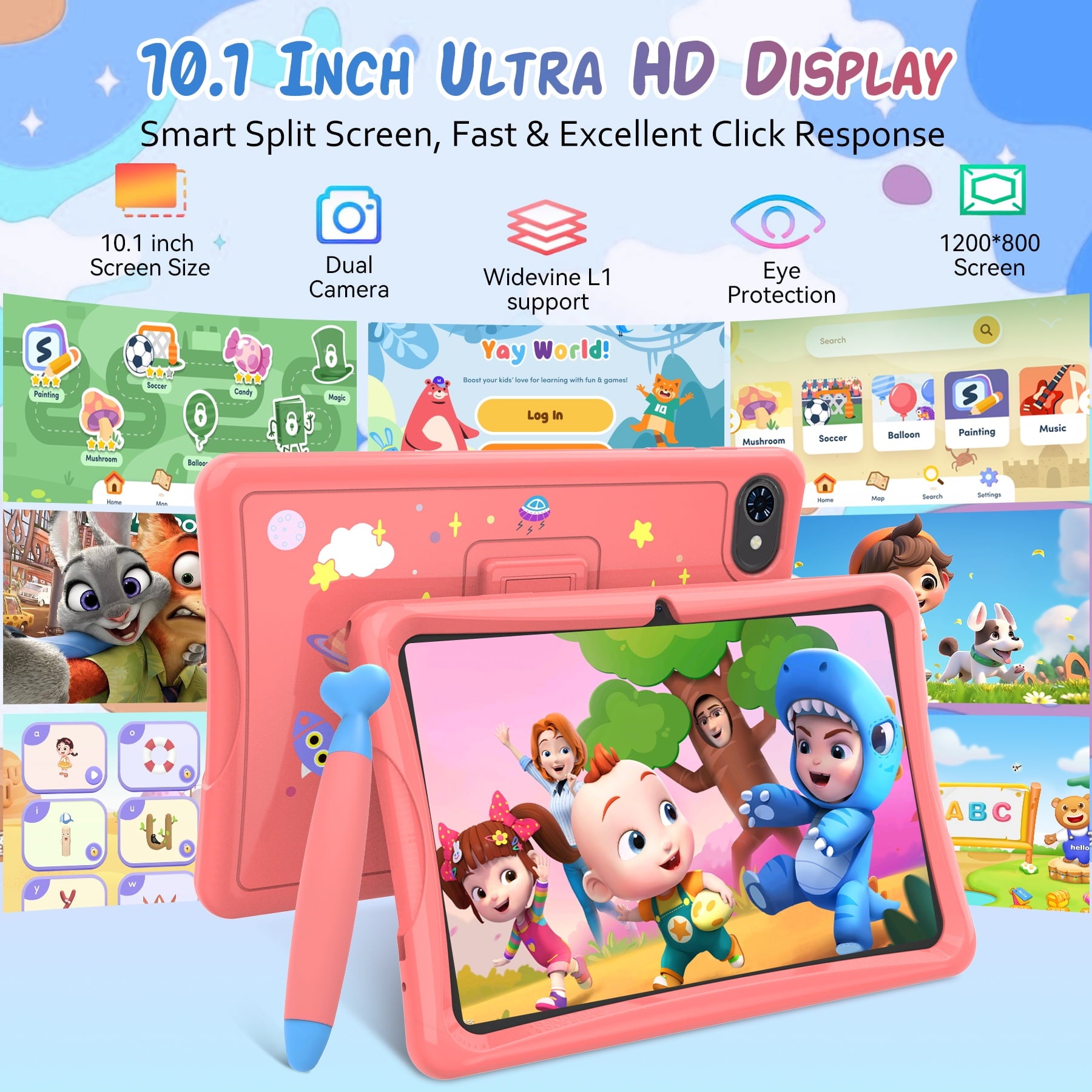 Kids Tablet, Android 15 Tablet for Kids 10.1 inch Ouad-Core with Case, 64GB 1TB TF Card Expandable for Toddler Children, Parental Control, Dual Camera, WiFi,Gift, PINK