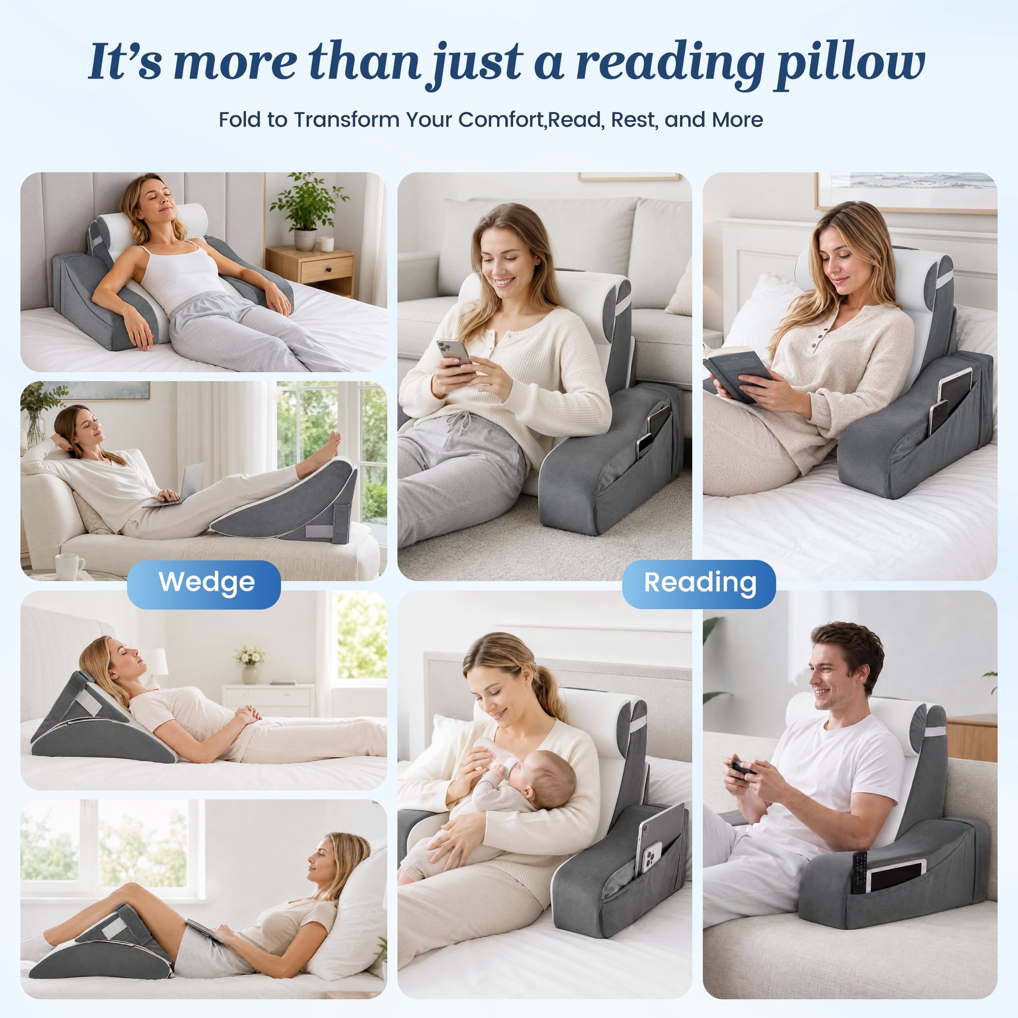 AMTPM Reading Pillow for Bed with Detachable Armrests, 2-in-1 Wedge Reading Pillow, 20°-55° Adjustable Headrest & Independent Lumbar Support Bed Reading Pillow for TV, Books, Nursing