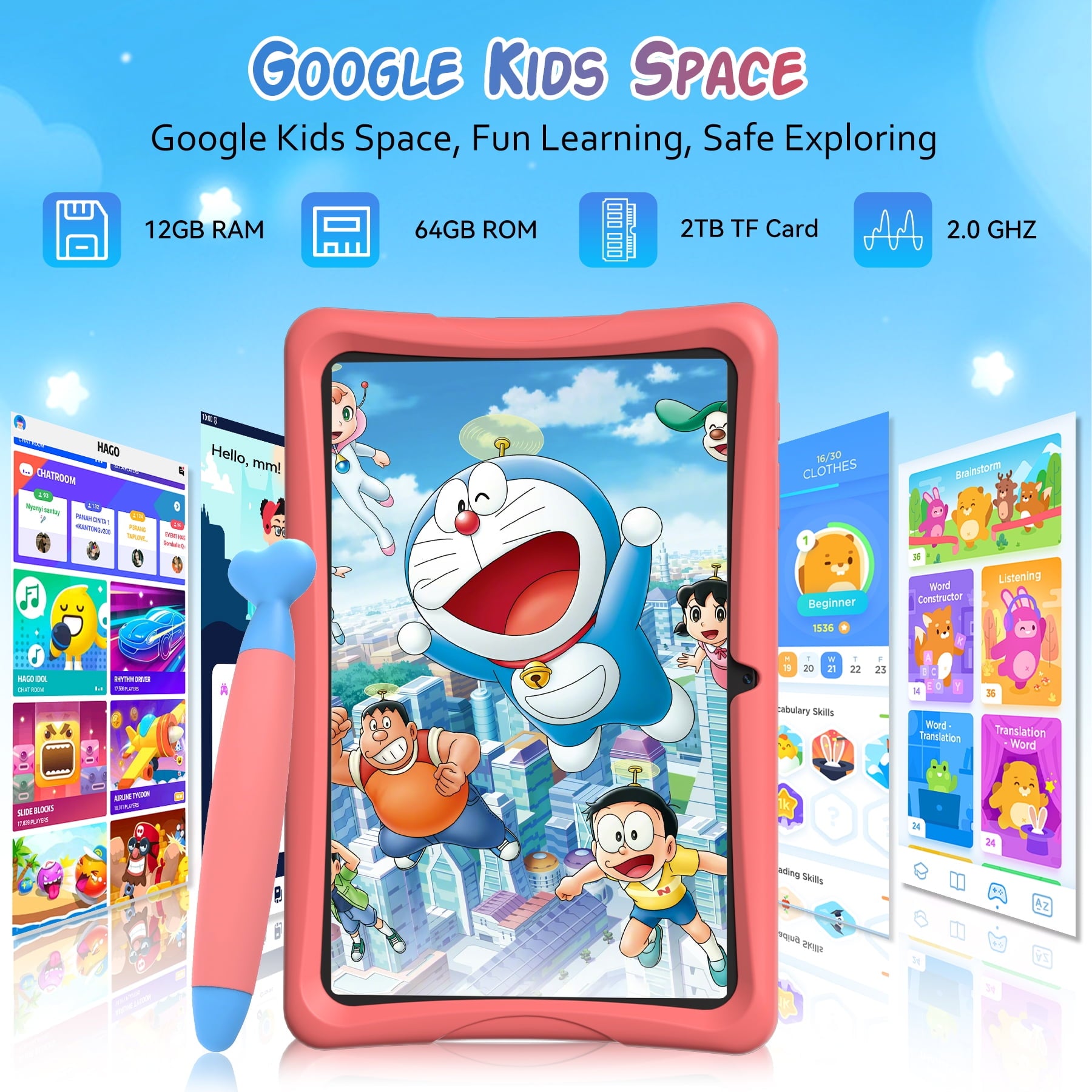 Kids Tablet, Android 15 Tablet for Kids 10.1 inch Ouad-Core with Case, 64GB 1TB TF Card Expandable for Toddler Children, Parental Control, Dual Camera, WiFi,Gift, PINK