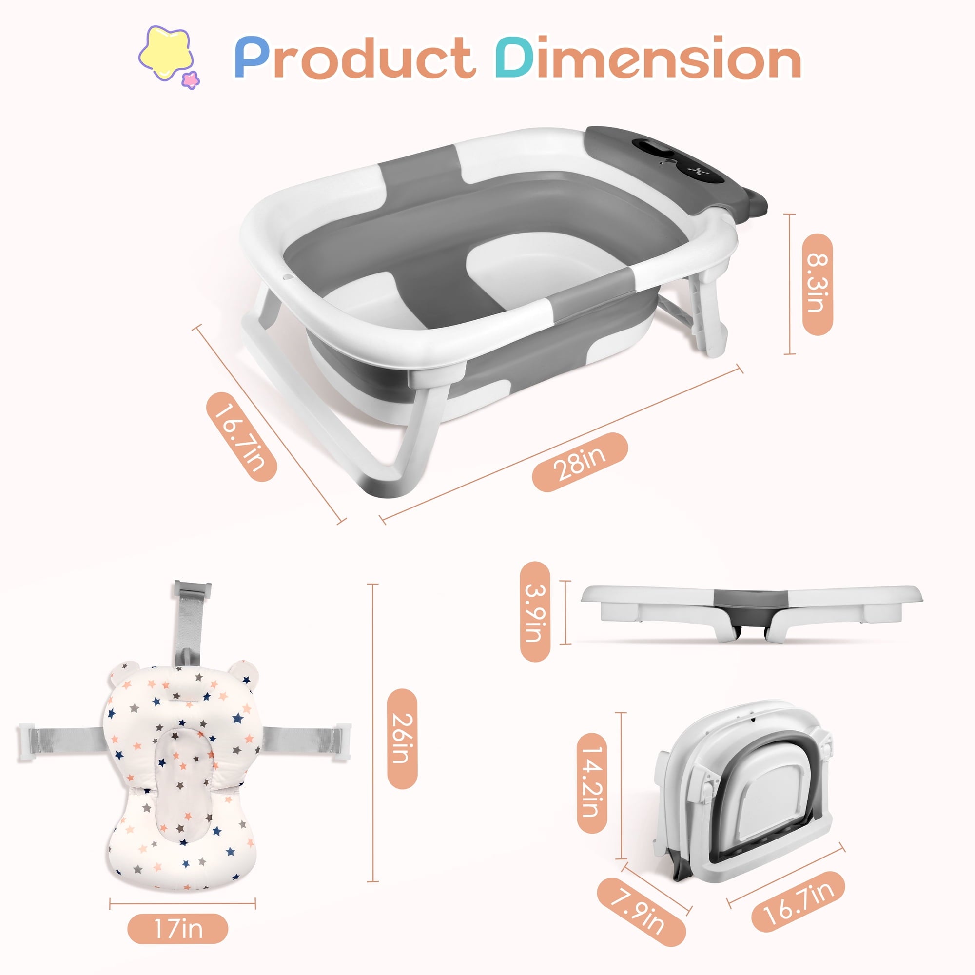 Doulami Collapsible Baby Bathtub for Infants Baby Tubs for Newborns with Cushion and Thermometer, 0-36 Month(Gray)