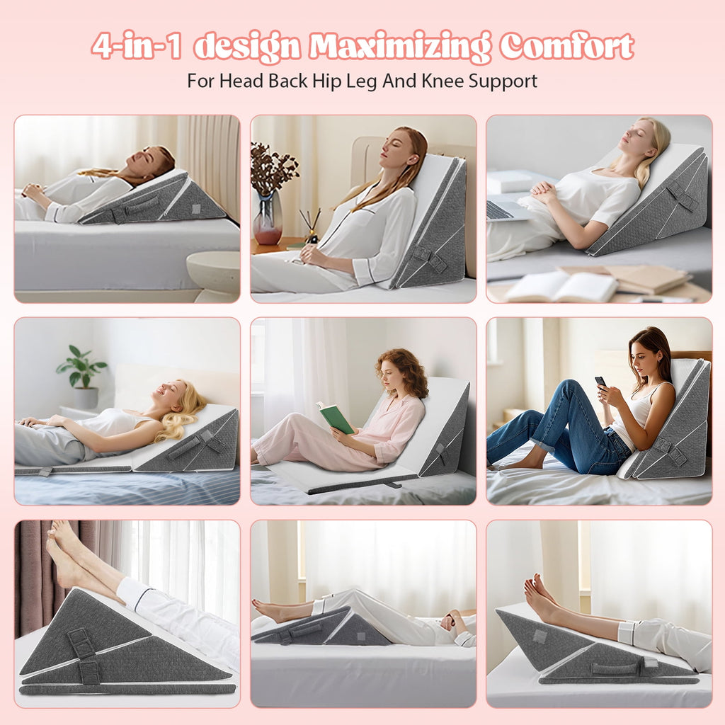 AMTPM 4-in-1 Wedge Pillow，7.5-12 Inches Adjustable Height , Separable Dual-Layer Memory Foam Bed Wedge Pillow for Acid Reflux, Snoring & Pregnancy