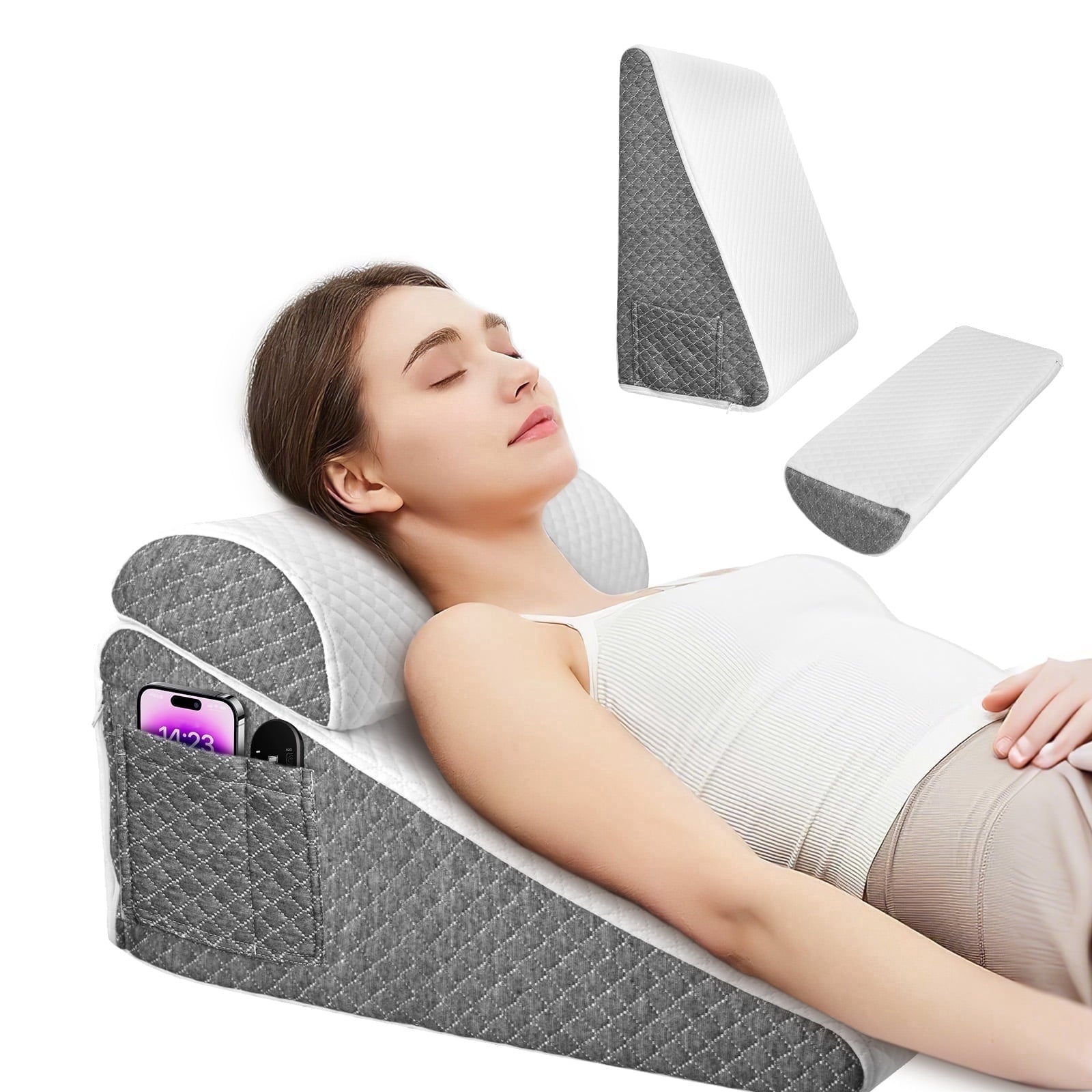 AMTPM Bed Wedge Pillow, Memory Foam Triangle Pillow for Sleep Apnea, Acid Reflux, Snoring, 12Inch Leg Elevation, Back Support for Sitting up in Bed, Incline Cushion for Sleeping, Reading