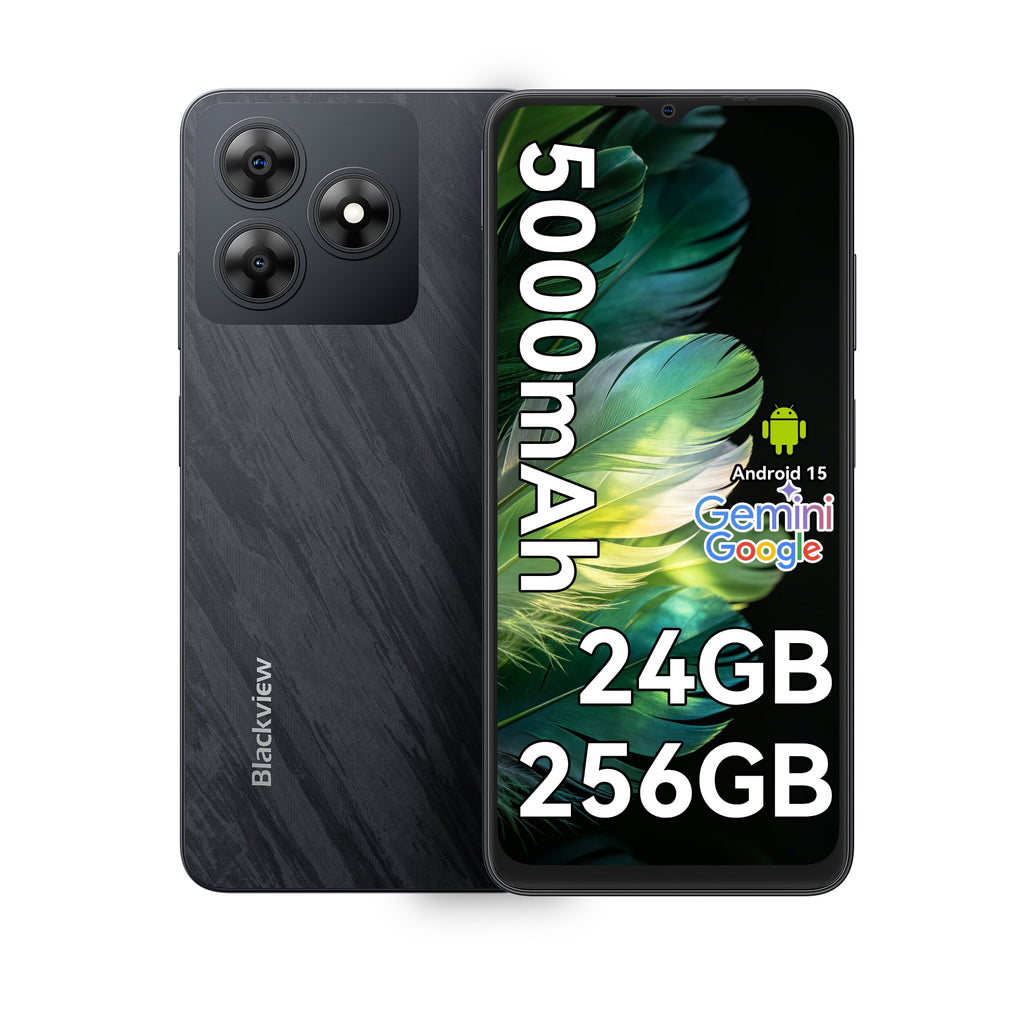 Blackview Unlocked Phones, Android 15 Smartphones 24GB+256GB/2TB, 4G Octa-Core, 13MP+8MP AI Camera 5000mAh/10W Cell Phone, 6.56" HD+, GPS/OTG, Fingerprint/Face ID Mobile Phones, Black
