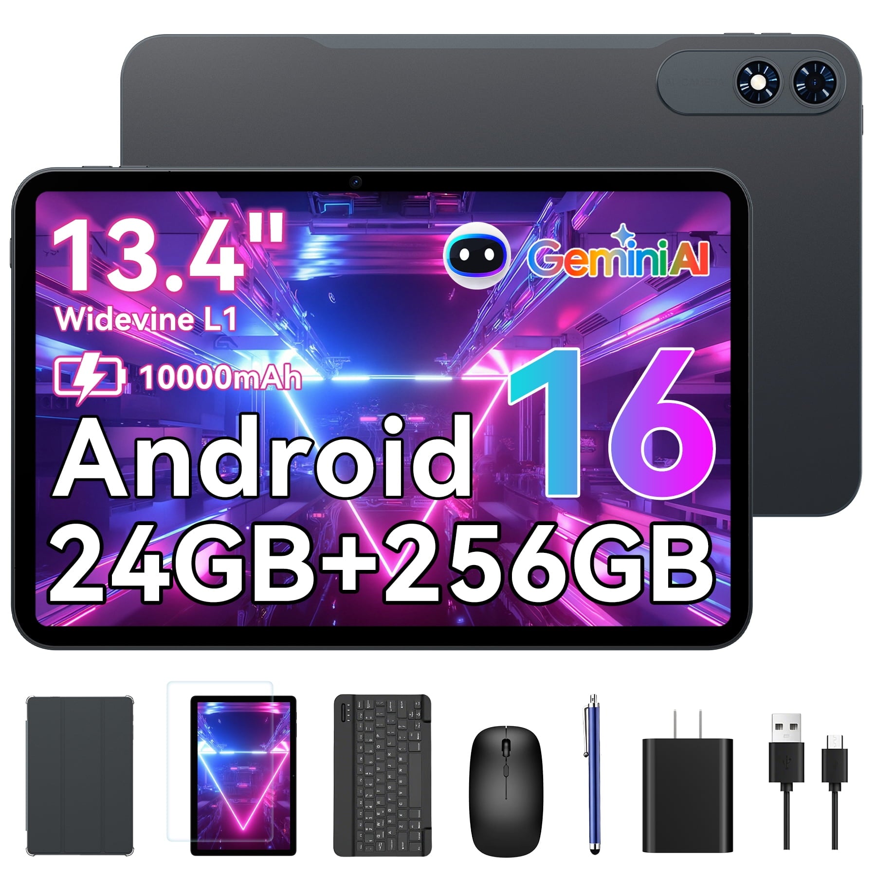 TABWEE Android 16 Tablets T60 Pro , 13.4 Inch IPS Display, 24GB RAM 256GB ROM /2TB TF, Gemini AI, T7280 Octa-Core+16MP Camera, 10000mAh, Widevine L1, 2 in 1 Tablets with Keyboard Mouse Stylus