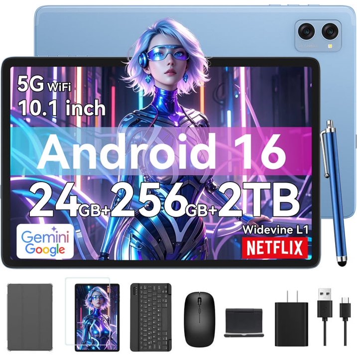 Tablet 2026 Android 16 Tablets with 10.1 Inch Incell Display, 24GB RAM 256GB ROM /2TB TF, Gemini AI, T606 Octa-Core+8MP Camera, 5000mAh, Widevine L1, 2 in 1 Tablets with Keyboard Mouse Stylus, Blue