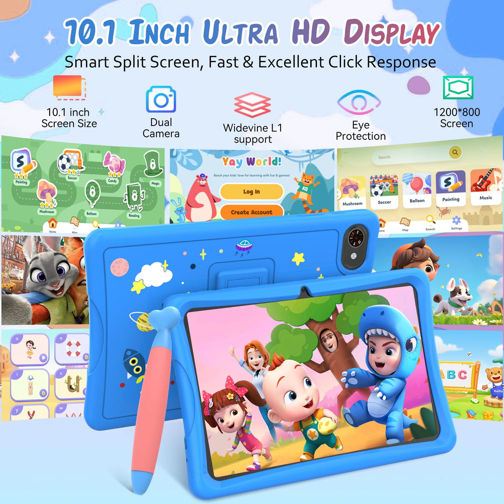 Kids Tablet, Android 15 Tablet for Kids 10.1 inch Ouad-Core with Case, 64GB 1TB TF Card Expandable for Toddler Children, Parental Control, Dual Camera, WiFi,Gift, Blue