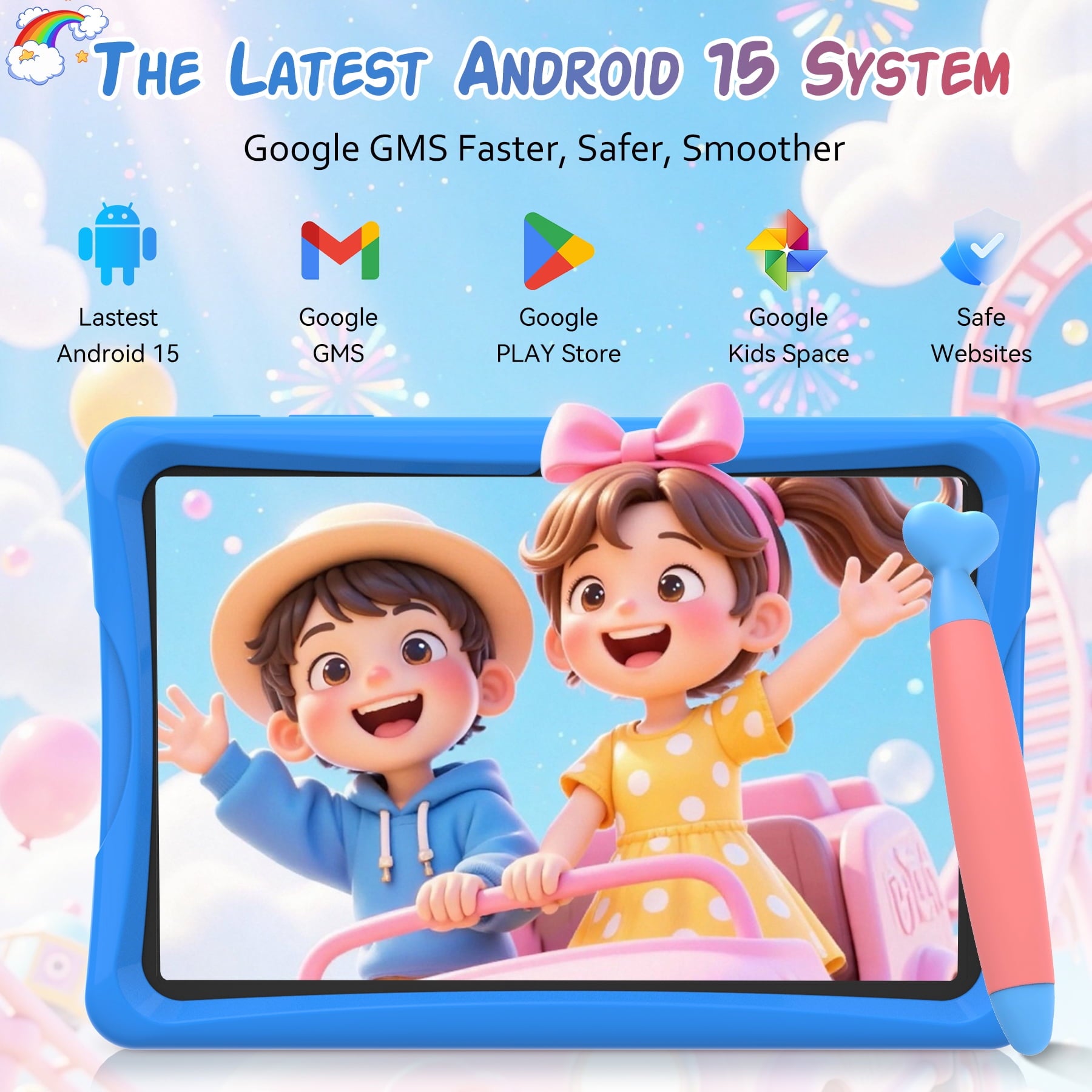 Kids Tablet, Android 15 Tablet for Kids 10.1 inch Ouad-Core with Case, 64GB 1TB TF Card Expandable for Toddler Children, Parental Control, Dual Camera, WiFi,Gift, Blue