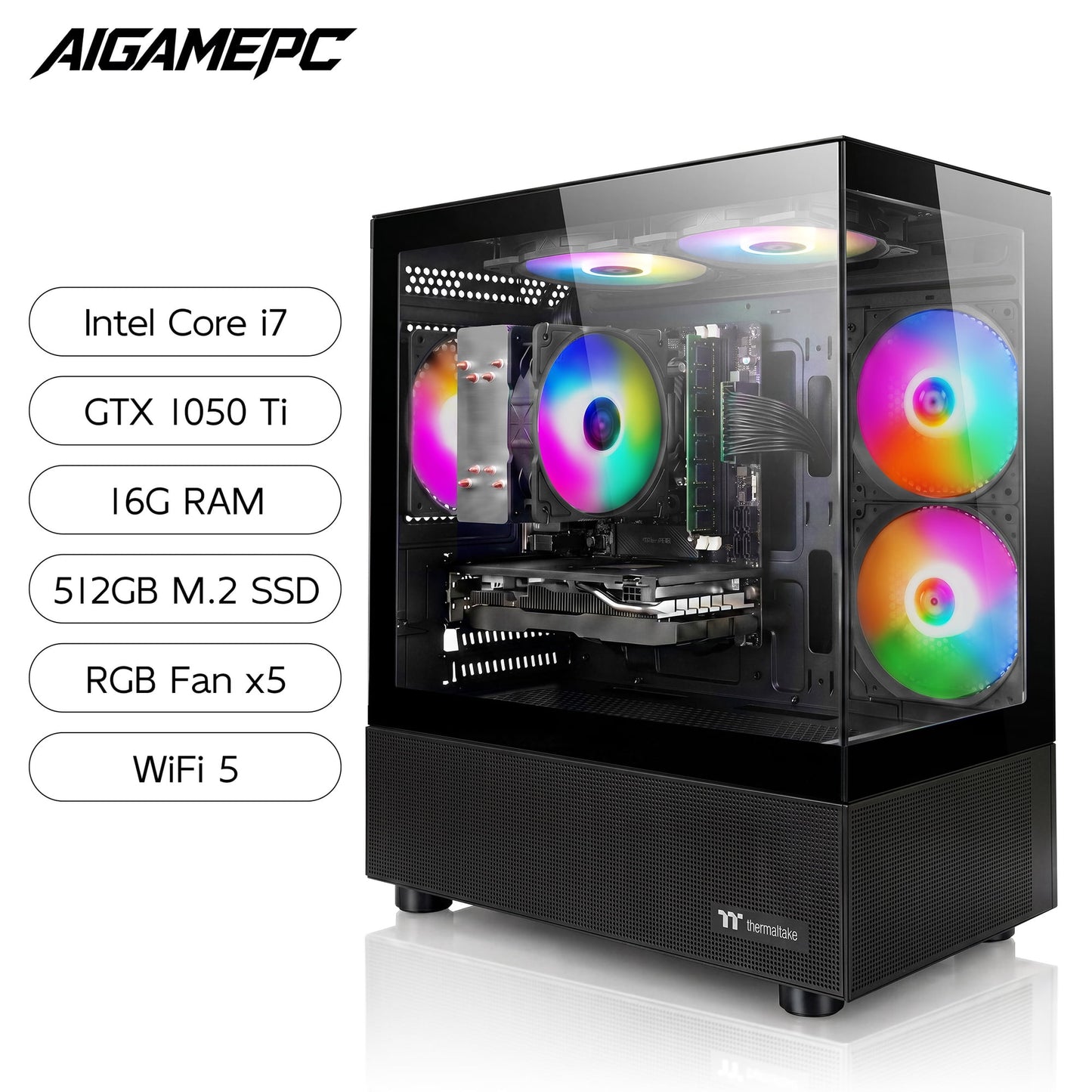 Budget Gaming PC Computers Desktop, Intel Core i7 up to 4.0GHz, GTX 1050 Ti 4GB, 16GB RAM, 512GB M.2 SSD, BX3 550W 80PLUS Bronze PSU, WiFi 5, RGB Fan x5, Windows 11 Home, prebuilt PC Gaming, Black