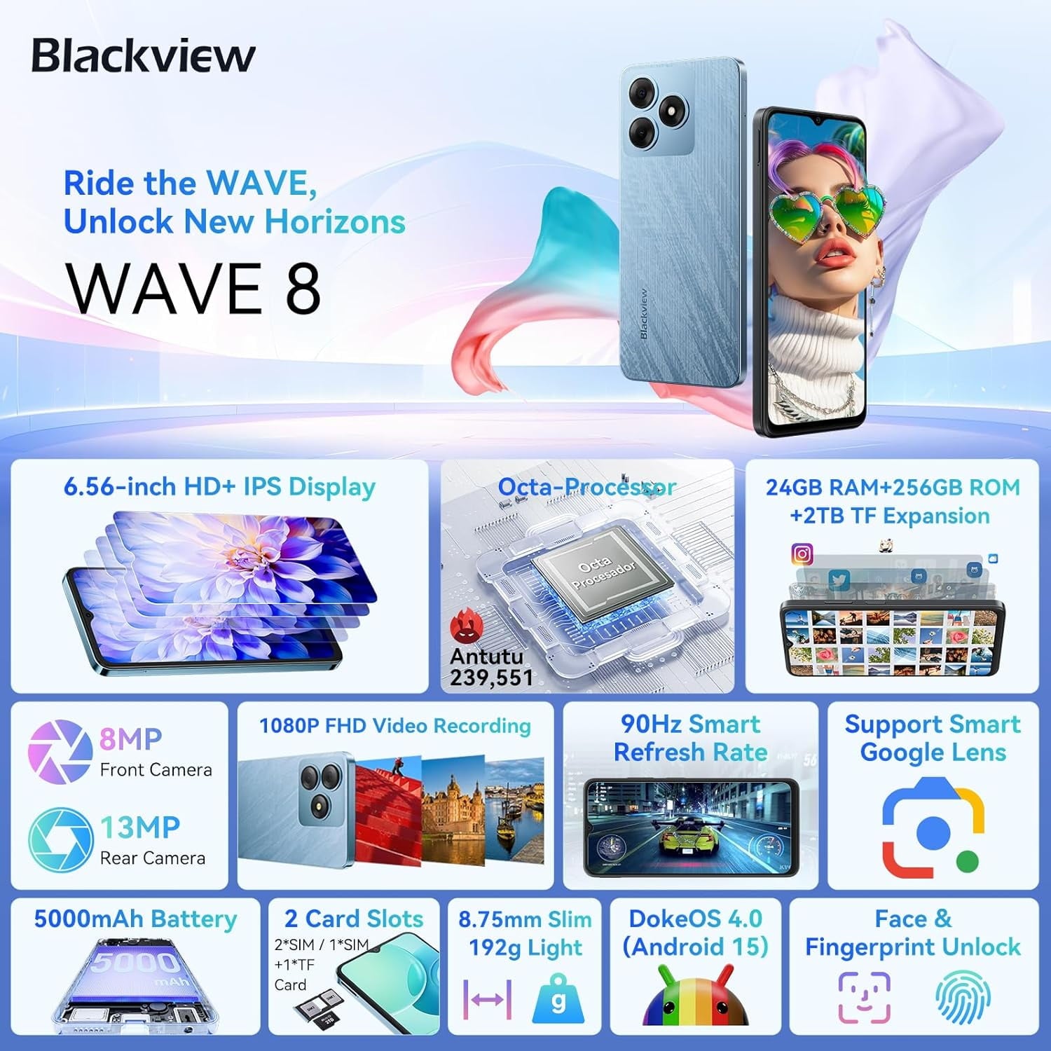 Blackview Unlocked Phones, Android 15 Smartphones 24GB+256GB/2TB, 4G Octa-Core, 13MP+8MP AI Camera 5000mAh/10W Cell Phone, 6.56" HD+, GPS/OTG, Fingerprint/Face ID Mobile Phones, Black
