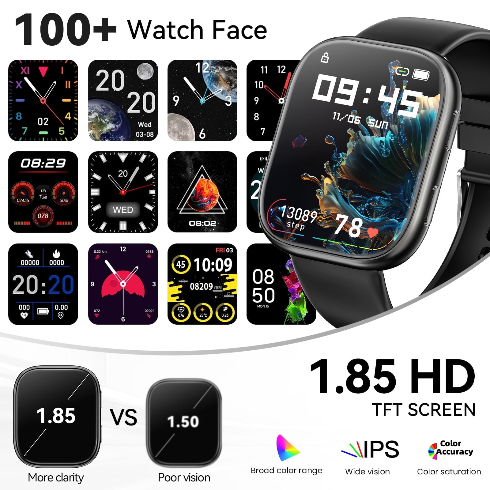 Smart Watch Fits for Android & iPhone, 1.85 inch Fitness Tracker, Men Womens Smartwatch with Make/Answer Calls/Message Reminder/100+ Sport Models, IP68 Waterproof Pedometer Watch, Perfect Gift, Black